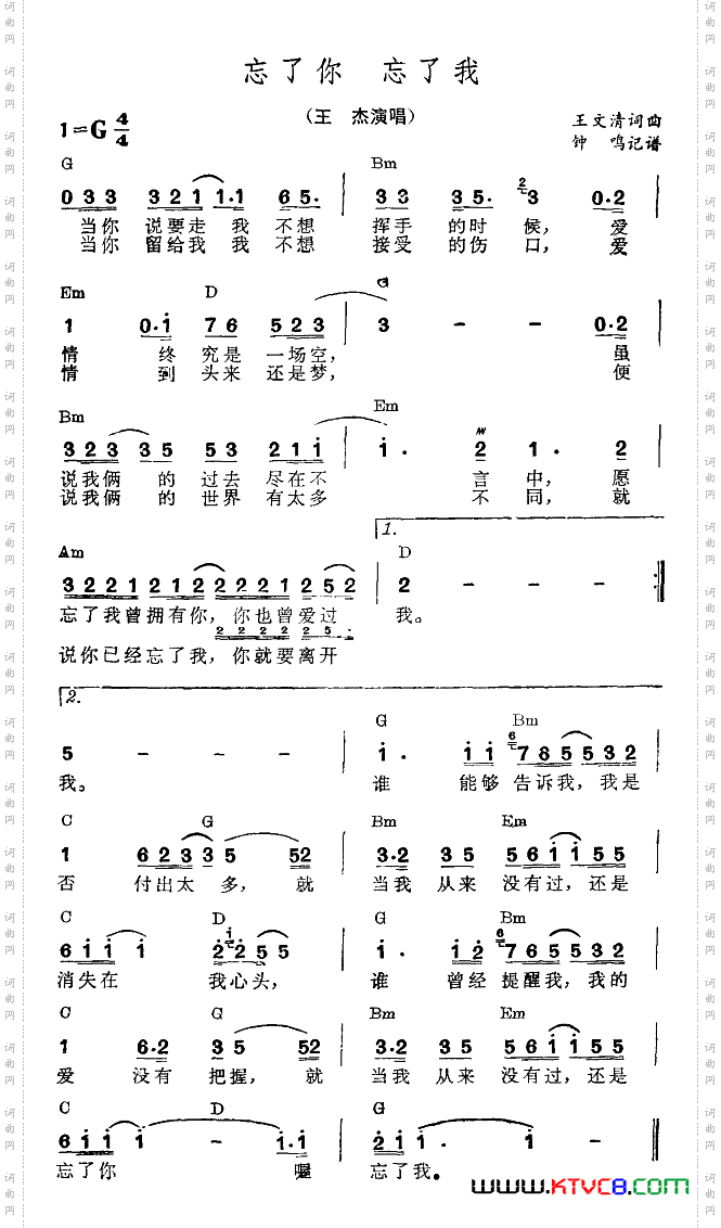 《忘了你忘了我》王文清作詞 王文清作曲 王傑演唱 ,原創歌曲簡譜