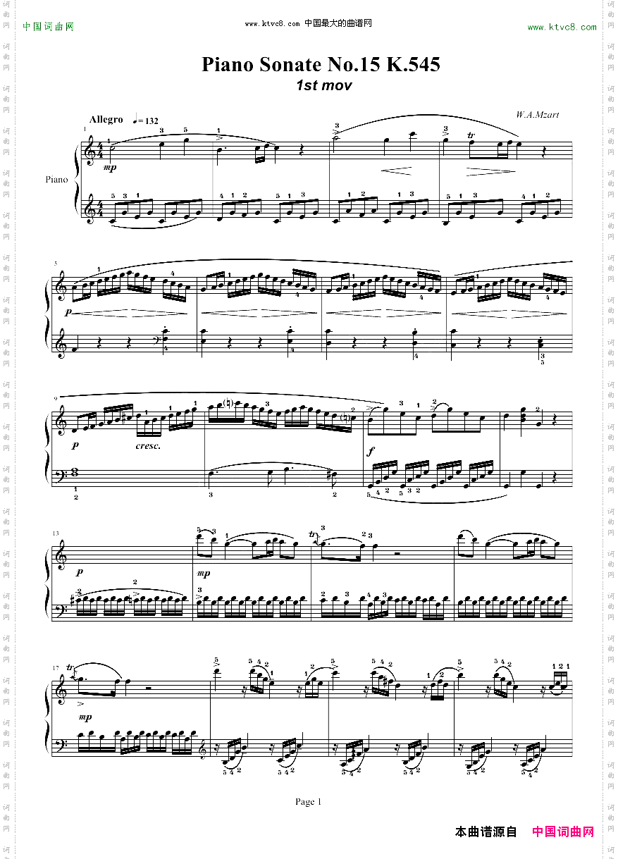 《莫扎特k545第一乐章》简谱 莫扎特演唱 第1页