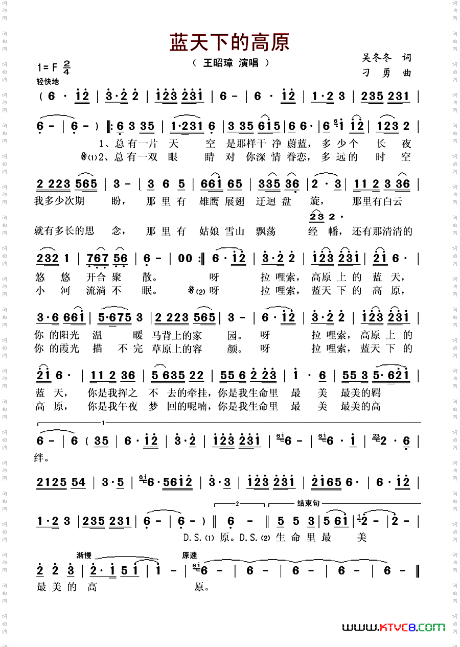 歌曲蓝天下的高原简谱图片