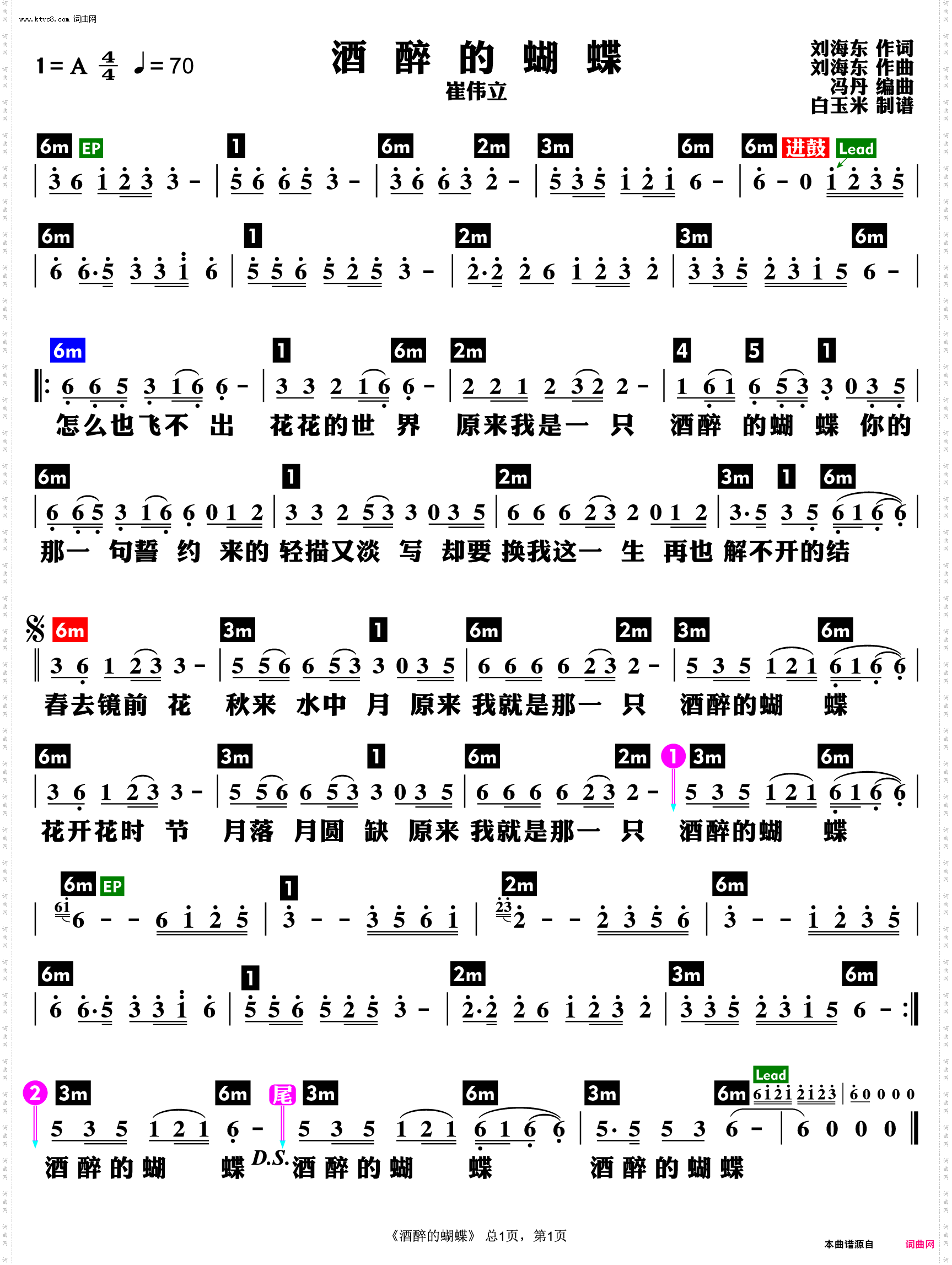 洒醉酒醉的蝴蝶曲谱图片