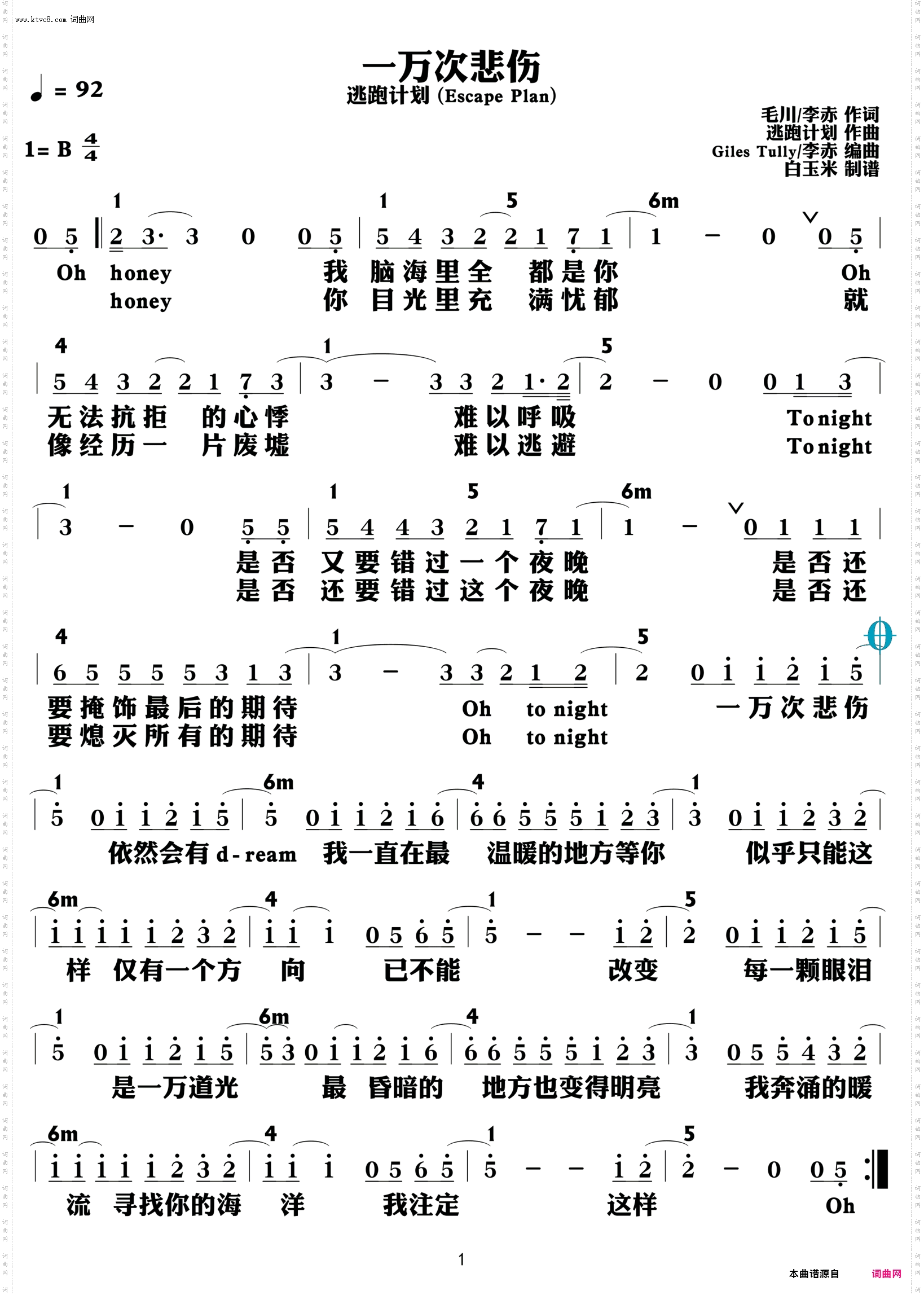 一万次悲伤简谱钢琴图片